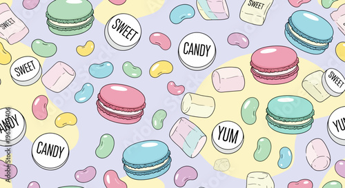 Seamless pattern of colorful macarons, marshmallows, and jelly beans with sweet text, scattered playfully on a light purple background.