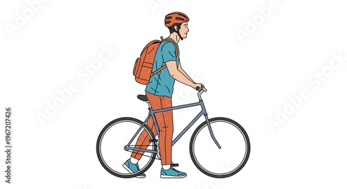 Prepared Man with Helmet and Backpack Pushing Bicycle on Isolated White Background