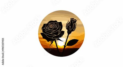 Silhouette of two black roses against a sunset backdrop in a circular frame