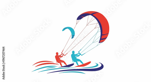 Two stylized figures kitesurfing on a white background with colorful sails