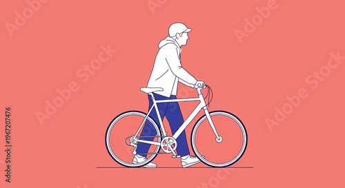 Man in Cap Riding Bicycle on Simple Red Background, Urban Commute or Leisure Activity