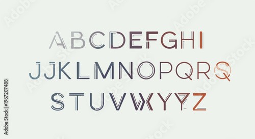 Uppercase letters A-Z presented in a gradient color palette with stylized linear designs