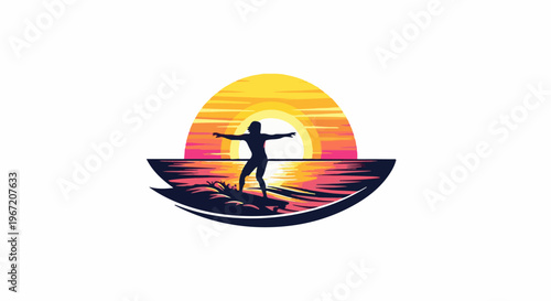 Silhouette of a surfer riding a wave at sunset with colorful sky