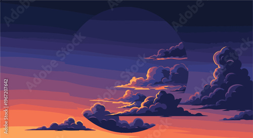 Pixel art sunset with dramatic, brightly lit clouds against a gradient sky