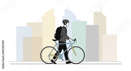 Man Riding Bicycle with Backpack in Cityscape Silhouette Background