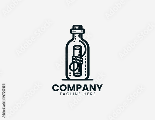 Glass bottle with rolled message inside representing communication discovery and storytelling concept in clean minimalist black vector illustration style on white background