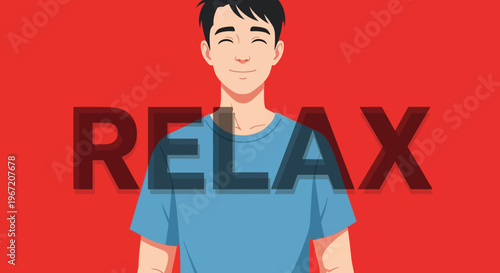 Happy Relaxed Young Man Smiling with Relax Text on Red Background