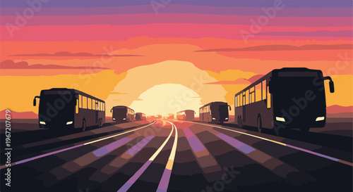 Pixel art buses on a highway at sunset with colorful sky