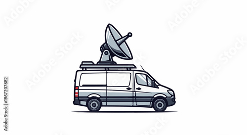White satellite van with dish antenna on roof for broadcast
