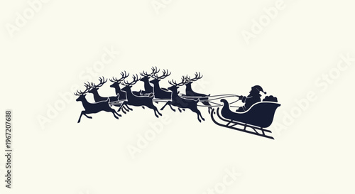 Silhouette of Santa Claus and reindeer pulling a sleigh across a light background