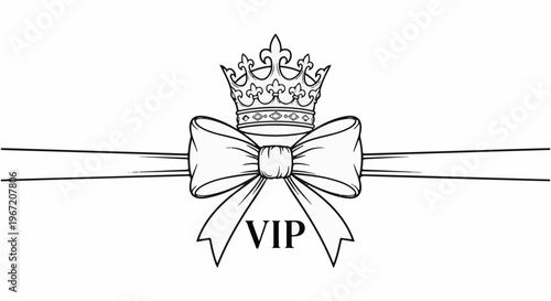 Elegant black and white illustration of a crown atop a bow with "VIP" text