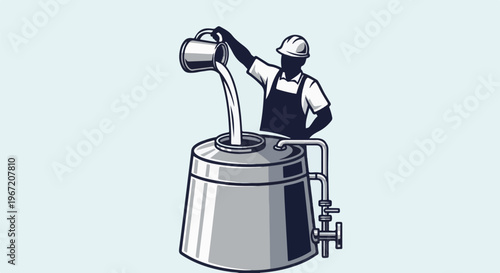 Worker pours liquid into a large vat with pipes and valves