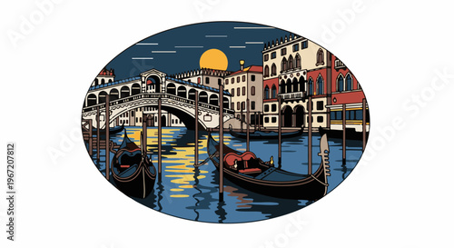 Oval illustration of a Venetian canal with gondolas and bridge at dusk