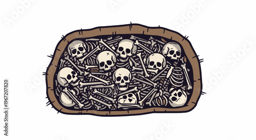 Overfilled crate of skulls and bones, a macabre illustration