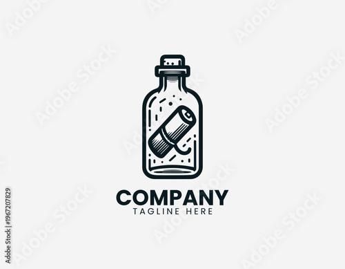 Glass bottle with rolled message inside representing communication discovery and storytelling concept in clean minimalist black vector illustration style on white background
