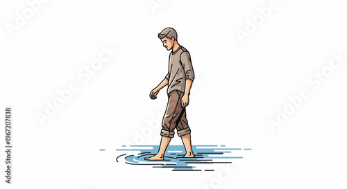 Young man walking barefoot through shallow water
