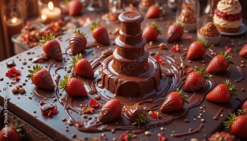 Decadent Chocolate Fondue Fountain Surrounded by Fresh Strawberries and Sweet Treats on a Table