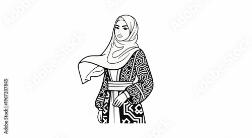 Elegant woman wearing a patterned kaftan and flowing hijab