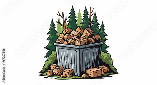 Overflowing dumpster filled with cardboard boxes in a forest setting