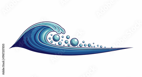 Stylized crashing blue ocean wave with scattered bubbles