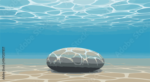 Pixel art underwater scene with light patterns on water surface and a large stone
