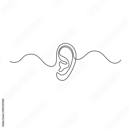 Continuous line drawing of a human ear with sound wave
