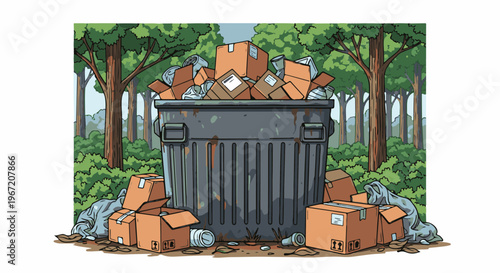 Overflowing dumpster in a forest setting with scattered boxes and trash