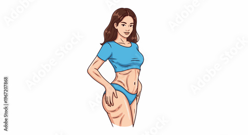 A woman with brown hair in a blue crop top and underwear, posing with her hands on her hips