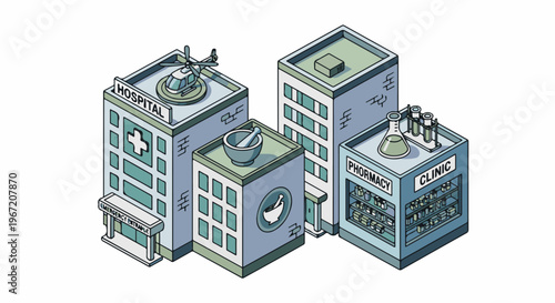 Pixelated isometric medical buildings with helicopter, mortar, and lab equipment