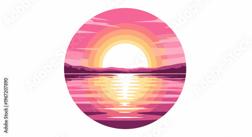 Pixel art circle shows a vibrant sunset reflecting on a calm lake, with distant hills
