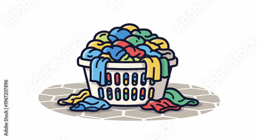 Overflowing laundry basket with colorful clothes spilling onto cobblestone