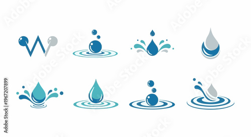 Collection of eight stylized water drop and ripple icons in blue and teal hues