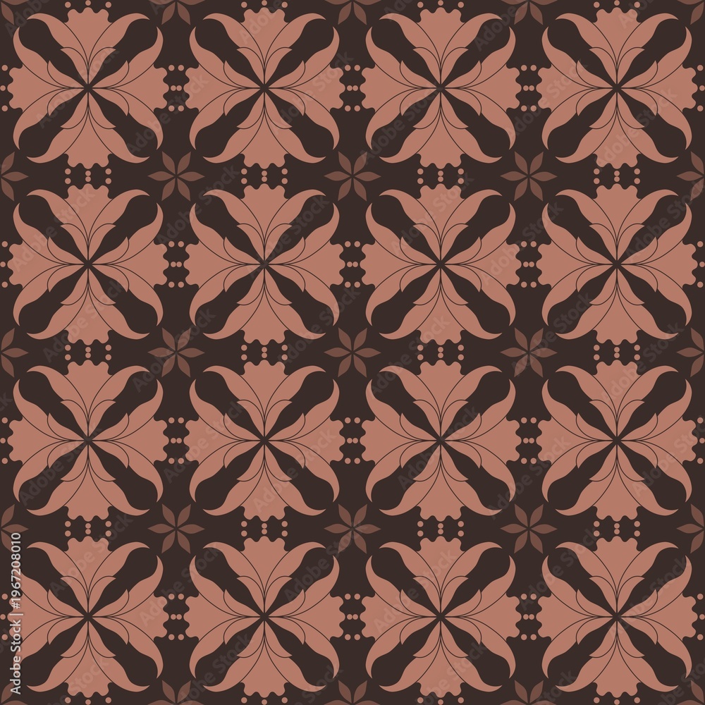 Fototapeta premium Seamless dark floral medallion pattern with stylized terracotta motifs on deep brown background
