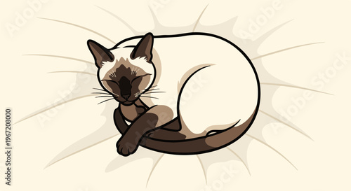 A stylized Siamese cat sleeps curled up on a textured, light-colored surface