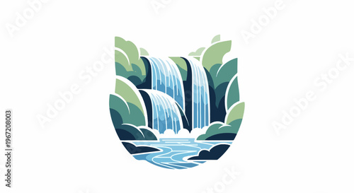 Stylized cascade with lush green foliage and blue water