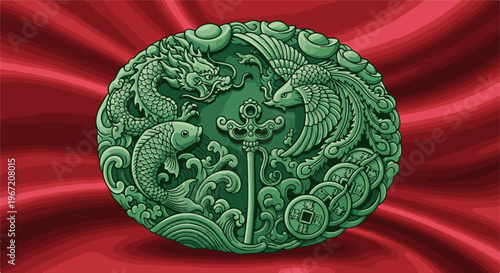 Pixelated jade medallion with dragon, phoenix, koi fish, key, coins
