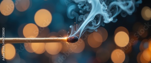 Close Up of a Matchstick Igniting with Sparks and Smoke in a Soft Focused Bokeh Background