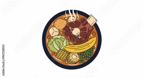 Overhead view of a hearty stew with oxtail, vegetables, corn, peas, and plantain