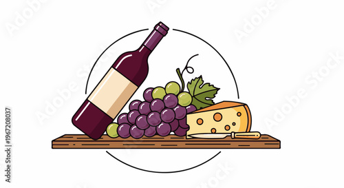 A stylized image of wine, grapes, and cheese on a wooden board