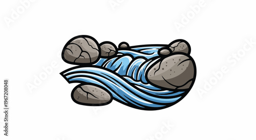 Cartoon-style cascading water flowing over smooth gray rocks