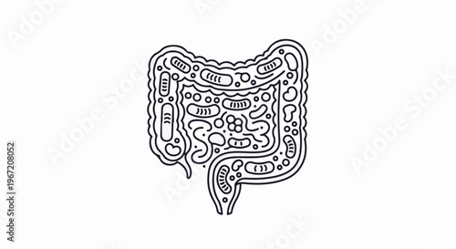 Stylized, line-art illustration of the human intestines and microorganisms