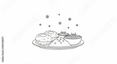 Stylized illustration of a plate with various Indian snacks and falling snowflakes