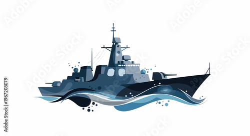 Stylized naval vessel with guns, navigating choppy blue waves