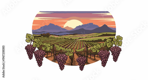 Pixel art vineyard scene at sunset with rolling hills and grapes