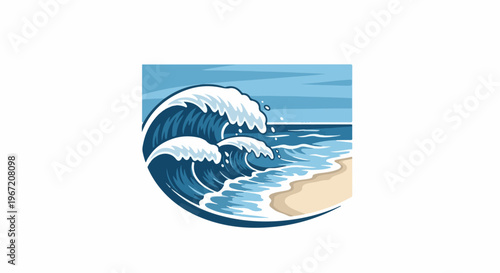 Stylized pixel art of crashing blue ocean waves on a sandy beach