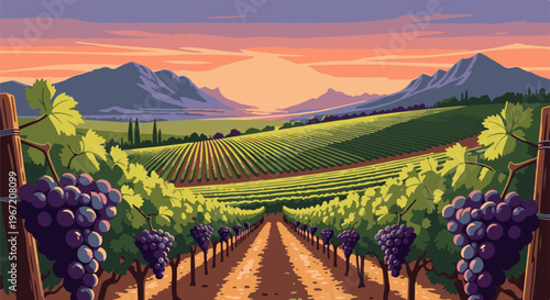 Pixel art vineyard at sunset with purple grapes and rolling hills