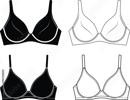 Set of female bra icons in black and white line art style for lingerie design
