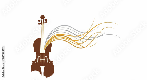 Brown violin with flowing gold and silver musical notes against white background