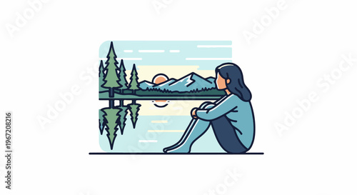 Woman contemplates serene mountain lake at sunset with reflections