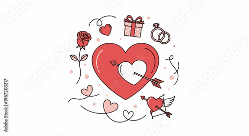 Whimsical heart, rose, gift, rings, and cupid illustration